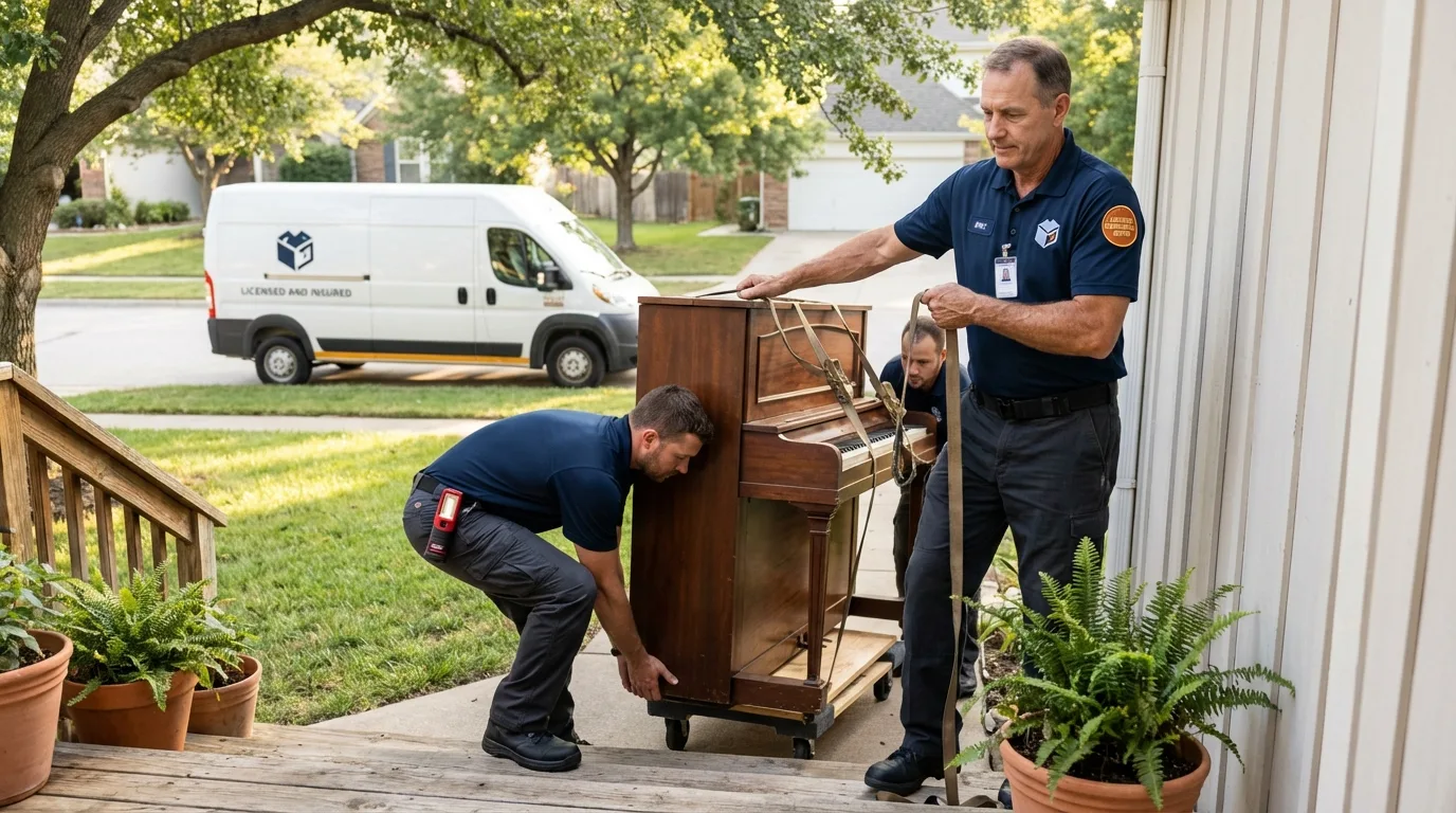 Licensed piano movers securing grand piano in San Gabriel, CA