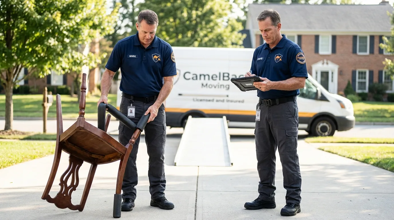 Movers inspecting furniture for damage prevention before loading in San Gabriel, CA